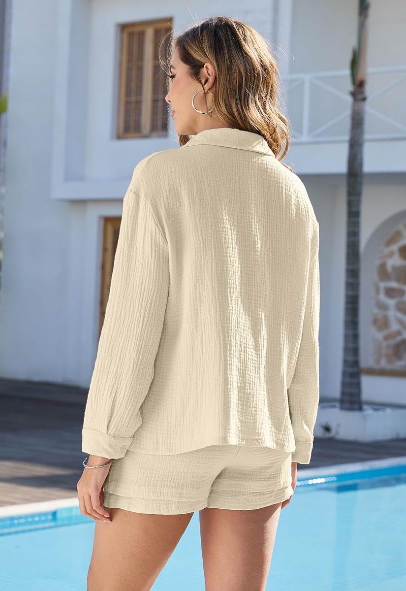 Completo da Donna in Cotone e Lino 2 Pezzi Camicia a Manica Lunga con Bottoni Pantaloncini Corti a Vita Alta Eslatica con Coulisse Casual Completi Spiaggia Lavoro Vacanza