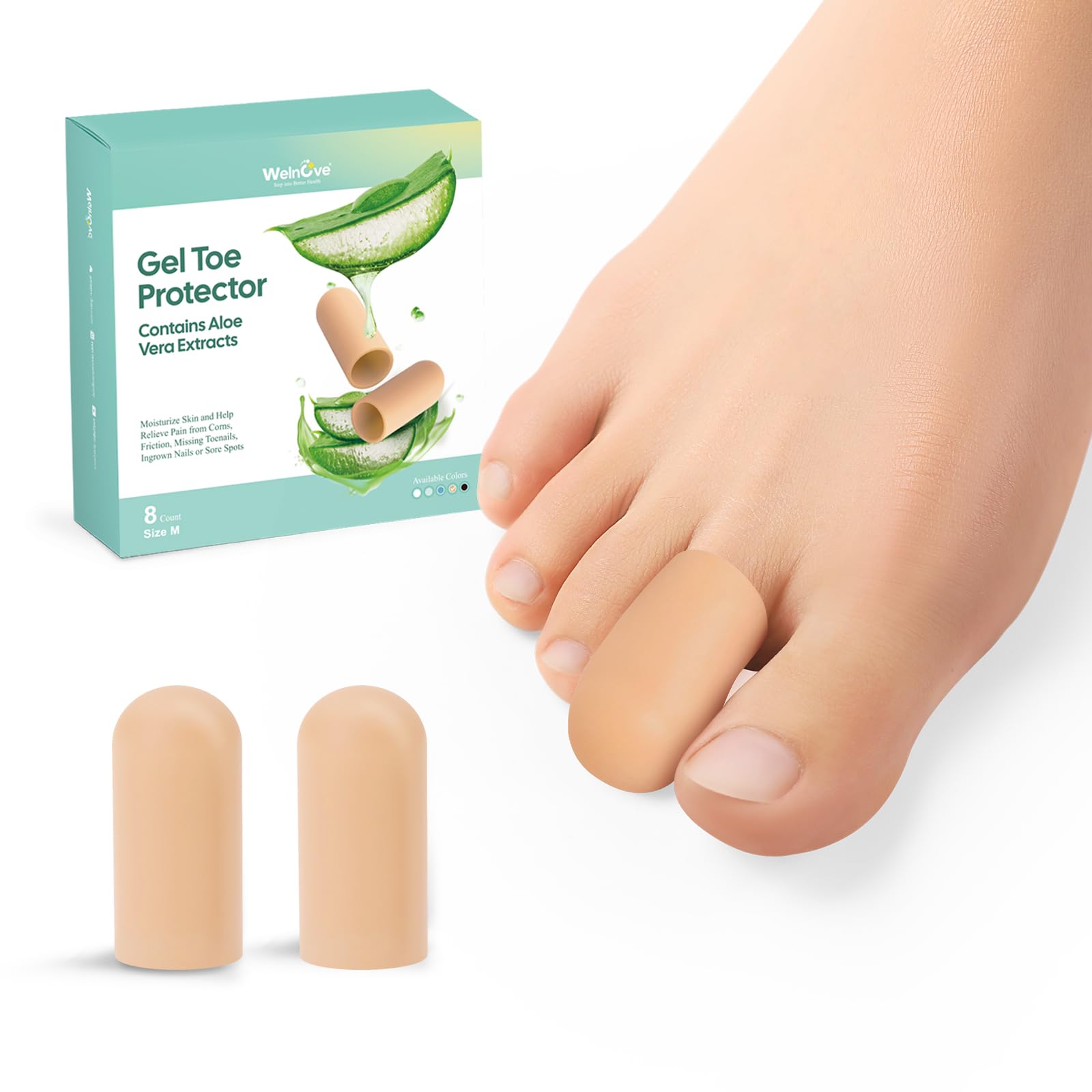 Welnove Gel Toe Cap and Protector - Silicone Toe Covers - Toe Cushions for Pain Relief, Missing or Ingrown Toenails, Corns, Calluses, Blisters (8 Medium, Beige)