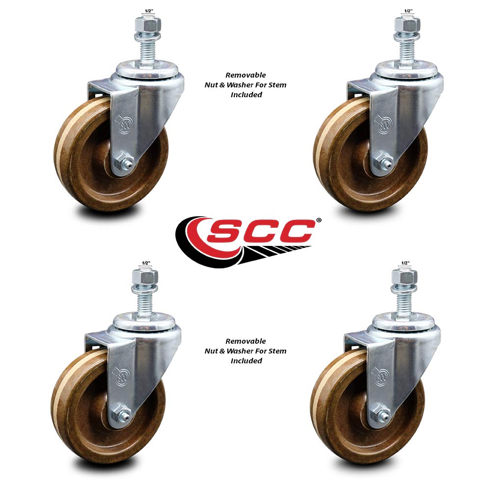 High Temperature Phenolic Swivel Threaded Stem Caster w/Roller Bearing Set of 4 w/4