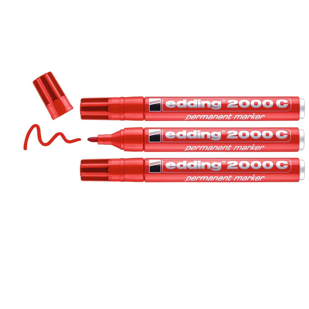edding 2000 C marcador permanente - rojo - 3 rotuladores - punta redonda 1,5-3 mm - indeleble de secado rápido - resistente al agua y a los borrones - cartón, plástico, madera, metal, tela - universal
