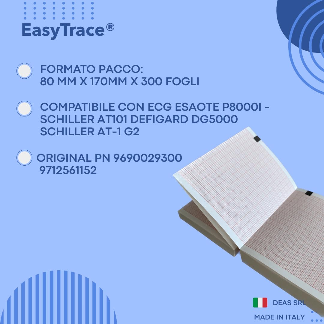 EasyTrace® - 20 PACCHI CARTA TERMICA PER ECG ESAOTE P8000I - SCHILLER AT101 DEFIGARD DG5000 - SCHILLER AT-1 G2 / Formato pacco: 80MM X 70MM X 300 FOGLI