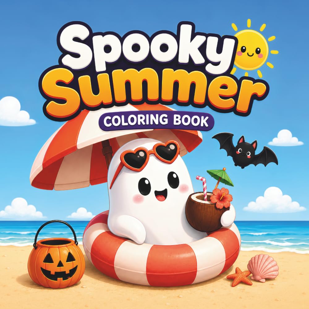 Spooky Summer Coloring Book: 50 Cute, Bold and Easy Halloween Beach Coloring Pages for Adults and Teens with Ghosts, Skeletons, Pumpkins, Witches, Mummies and Vampires for Relaxation