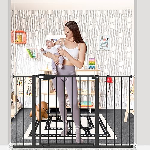 Image of DEARBB Triple Lock Baby Gate for Stairs Doorways and House 31 inch to 86 inch Extra Wide Pressure Mounted Easy Walk Through Auto Close Safety Pet Gate Black 31.1-48.42 inch