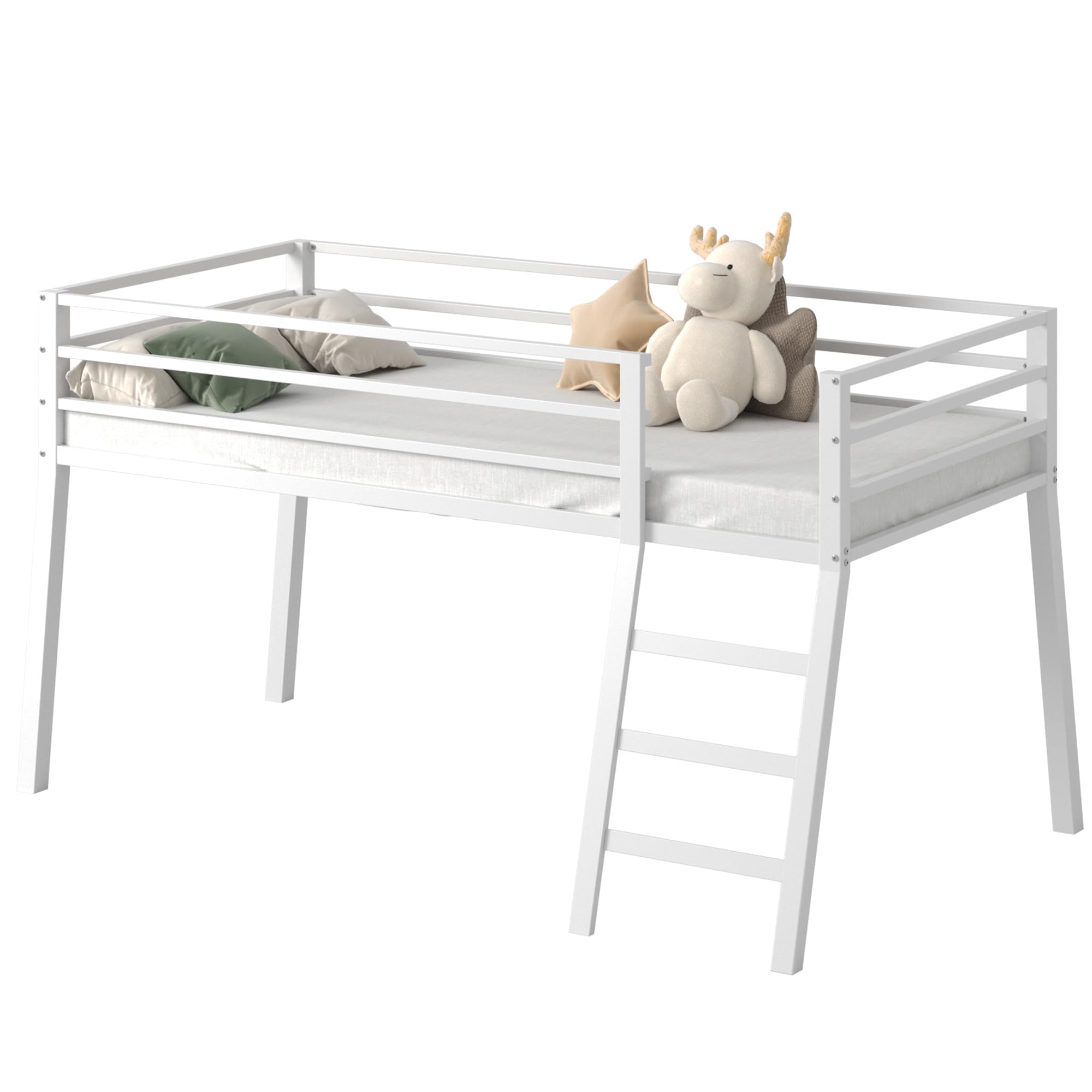 Lutown-Teen Loft Bed Twin Size, Low Junior Metal Twin Loft Bed with Stairs and Safety Guard, Noise Free and Space Saving, White