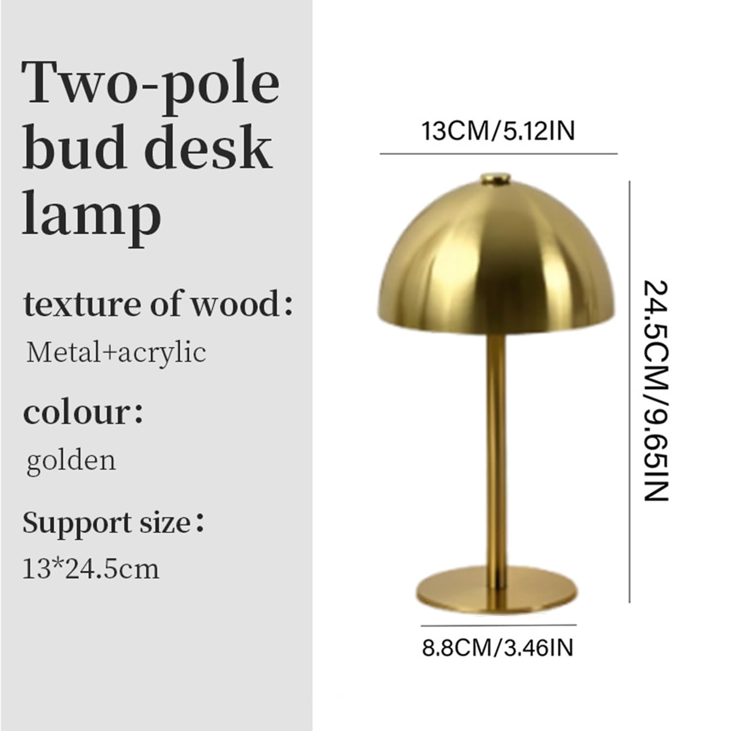 Lampada da tavolo a LED a forma di fungo in metallo senza fili dimmerabile con comando touch color oro ricaricabile tramite USB batteria da 1800mAh lampada da comodino senza cavi luce notturna,D'oro