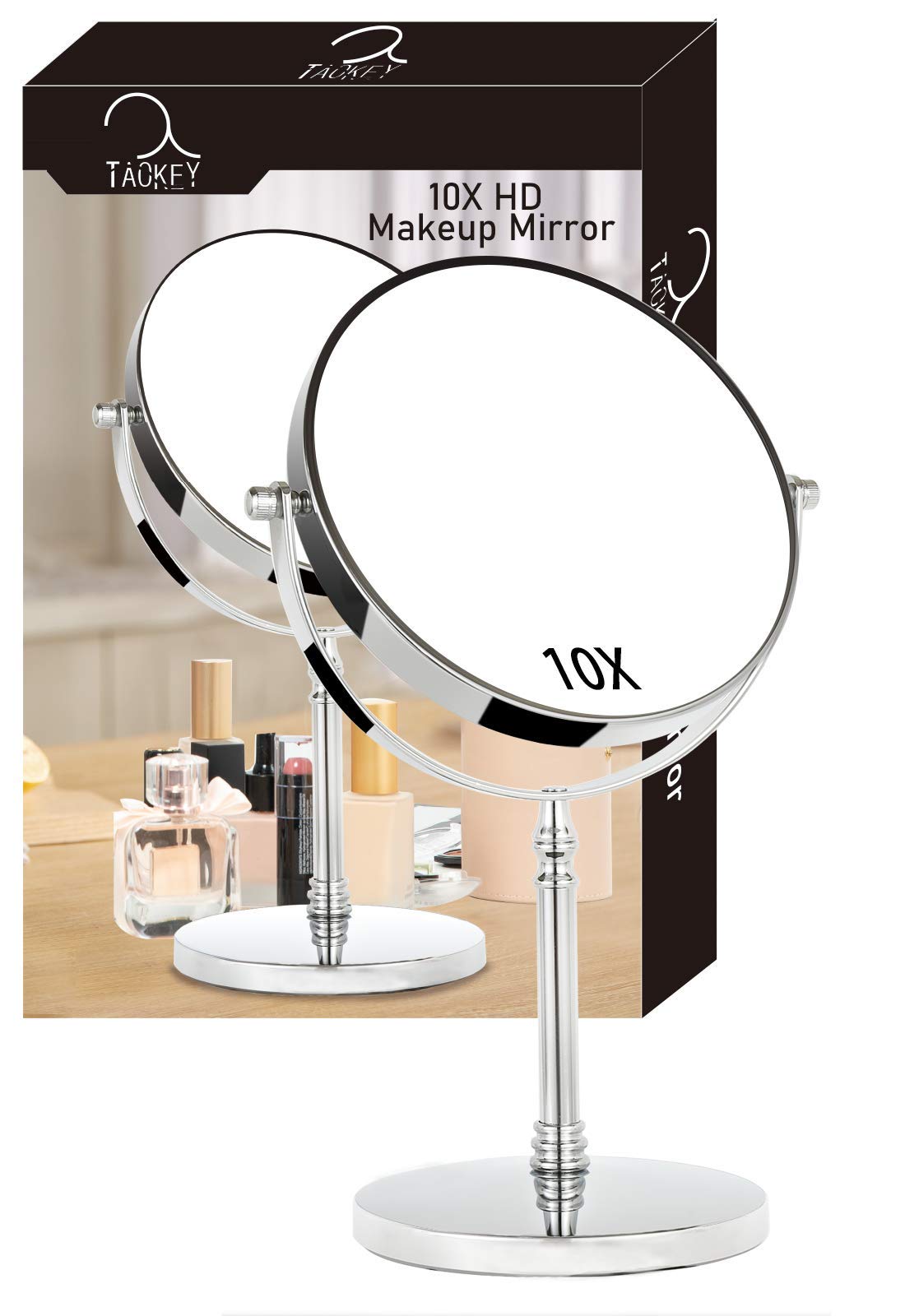 8Inch 10X Magnifying Mirror, Double Sided Makeup Mirror on Round Stand for Tabletop, Bedroom Vanity Desk and Bathroom Counter - Free Standing Double Sided 10X/1X Magnification Mirror.