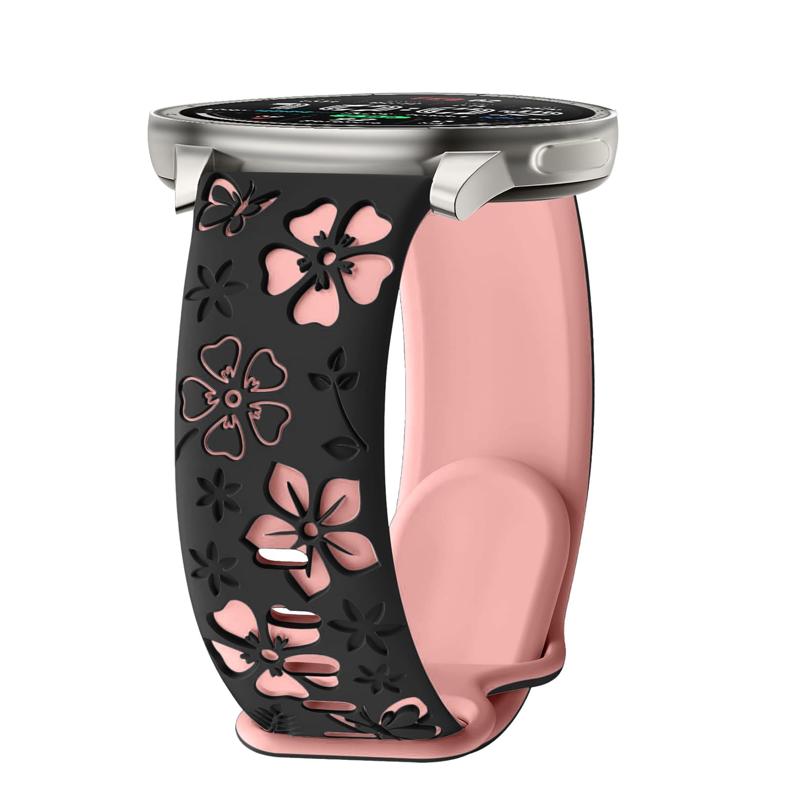 Correa de Silicona 20mm Compatible con Amazfit Active 3 Premium/Active 2 Square/Active 2/Active/GTR Mini/GTS 4/GTS 4 Mini/GTS 3/GTS 2 Mini/Bip 3/Bip 3 Pro, Correa Floral Bicolor - Negro/Rosa
