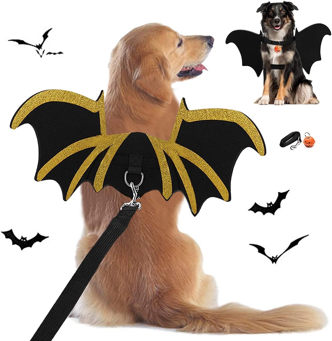 Halloween Dog Costume Pet Bat Wings Funny Cosplay Apparel Puppy Costumes for Medium Large Dogs Outfit, Adjustable Bat Wing with Dog Leash and Pumpkin Bells (Black, Under 80 pounds)