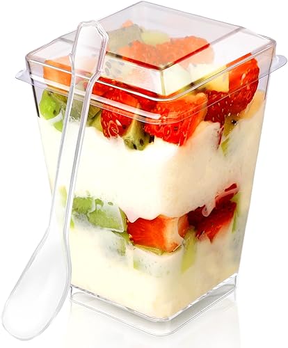 Miniatura 9 de Paquete de 50 Vasos de Postre de Plástico de 5 oz con Tapas y Cucharas, Vasos de Parfait de Yogur y Aperitivos para Fiestas, Mini Vasos de Postre