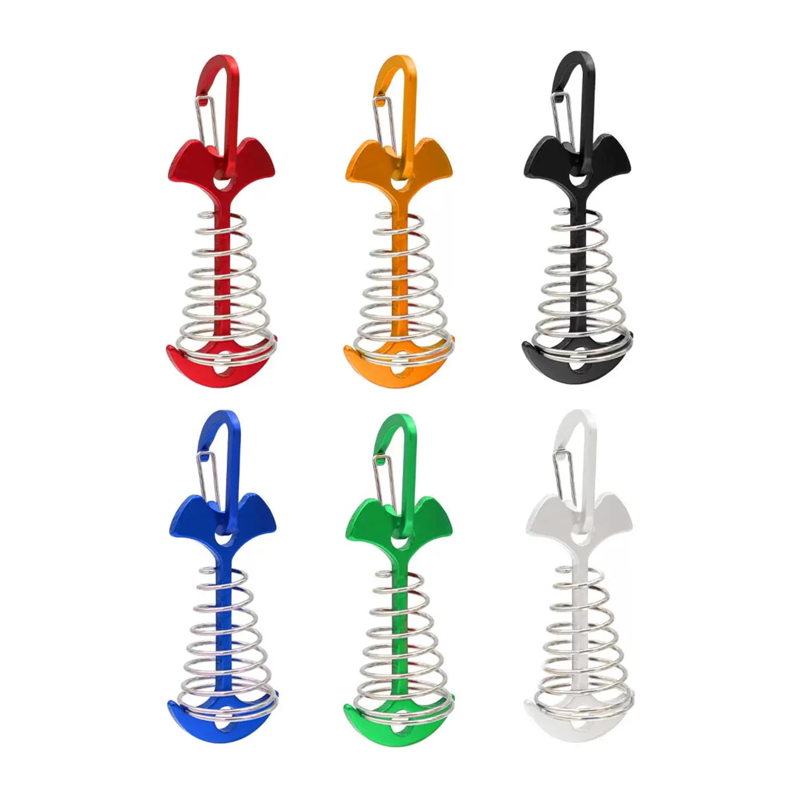 ウッドデッキ ペグ 6本セット アンカーペグ 自在金具 キャンプ用テント 留め具 軽量 アルミ製 魚骨型 カラビナ付き スプリングセット 携帯便利