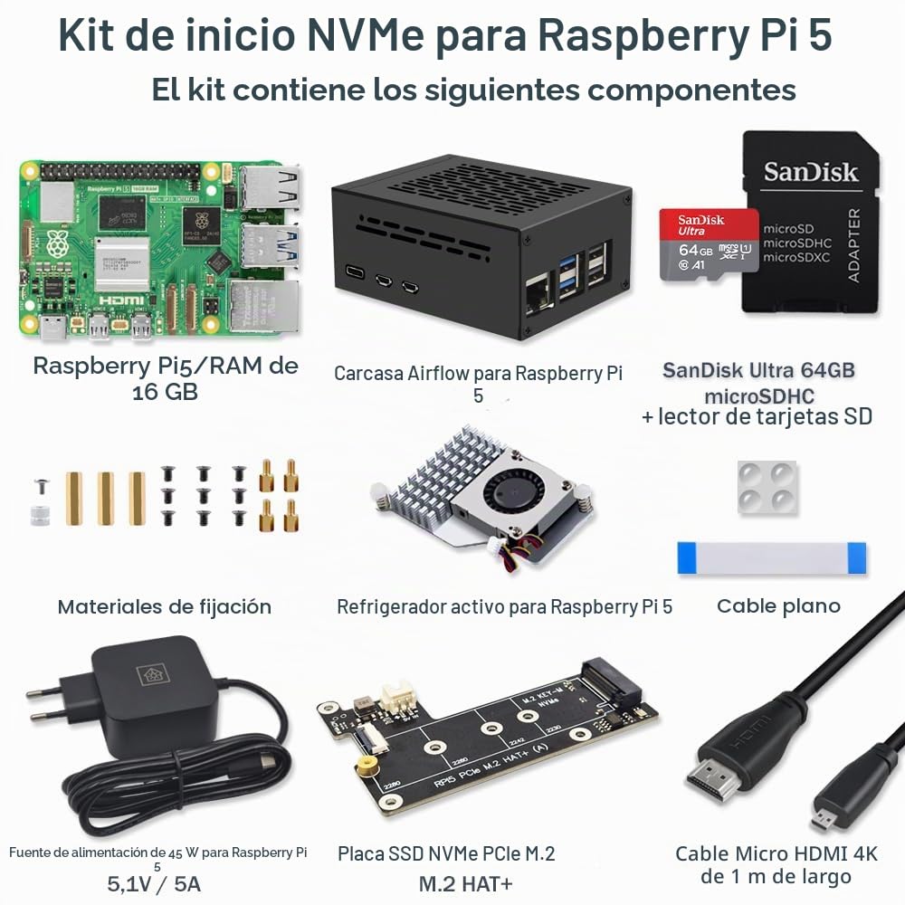 Raspberry Pi 5 16 GB PCIe M.2 NVMe – Kit | Carcasa de metal | Active Cooler | M.2 NVMe SSD PCIe Board | Fuente de alimentación USB-C de 45 W | Tarjeta SD de 64 GB | Cable Micro HDMI 4K | Ideal para