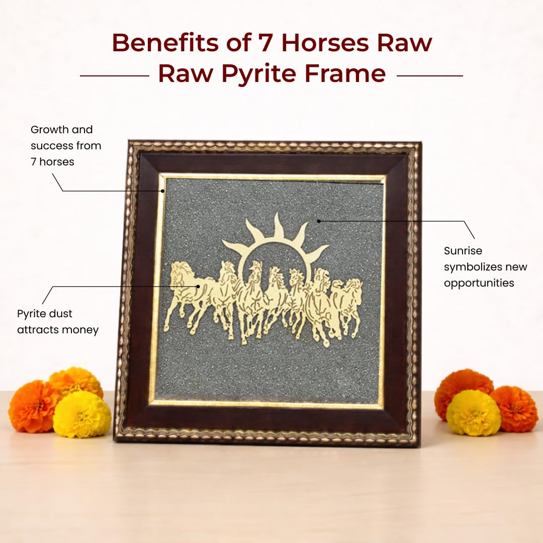 Divine Hindu 7 koni na surowej ramie pirytowej, 19 x 18 cm, dekoracja ścienna Vastu dla sukcesu i sławy, naturalne siedem koni, pirytowa rama z kamienia dla przyciągania pieniędzy, pomyślny wystrój