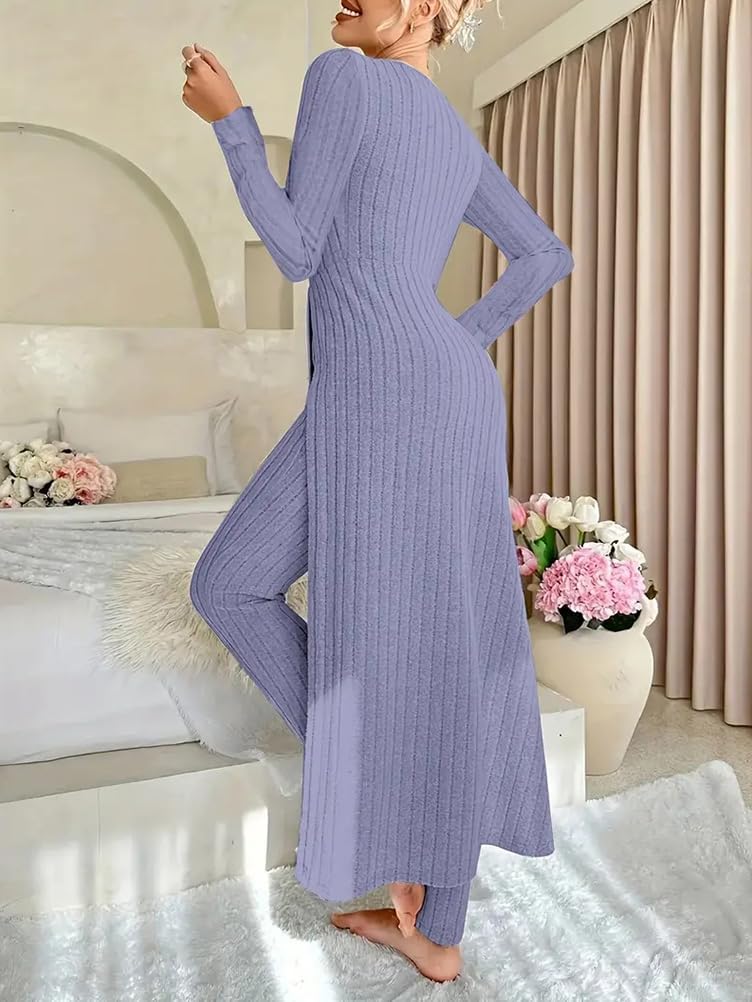 Generisch Combinaison 2 pièces pour femme - Combinaison en tricot à manches longues - Haut et leggings côtelés - Ensemble 2 pièces - Tenue d'été 2 pièces - Pour femme