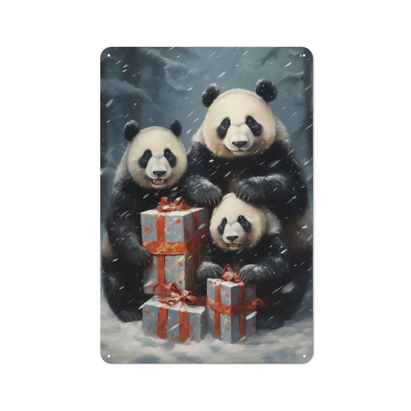 Junmoney Merry Xmas Panda Family Vintage Metal Sign 30X20cm For Café Or Restaurant, Suited To Restaurant Decor Fans