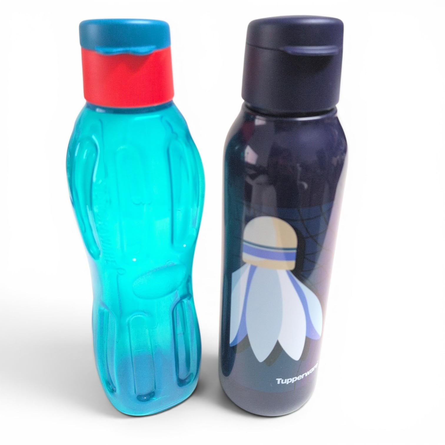 Tupperware EcoEasy Trinkflasche 750 ml Dunkelblau Federball + Signoraware Trinkflasche 750 ml Türkis, BPA-freies Trinkflaschen Set, auslaufsicher für Schule, Sport & Freizeit
