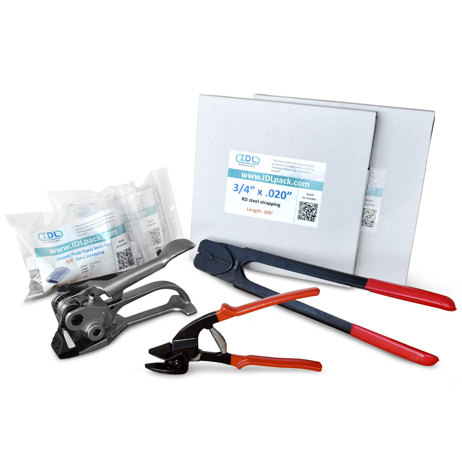 IDL Packaging Round Packages Strapping Kit for 3/4" x 600' Steel Strapping, 1700 lbs Break Strength – Packaging Strapping Solution for Pipes – Enough Strapping and Seals for 300 Uses Before Refill