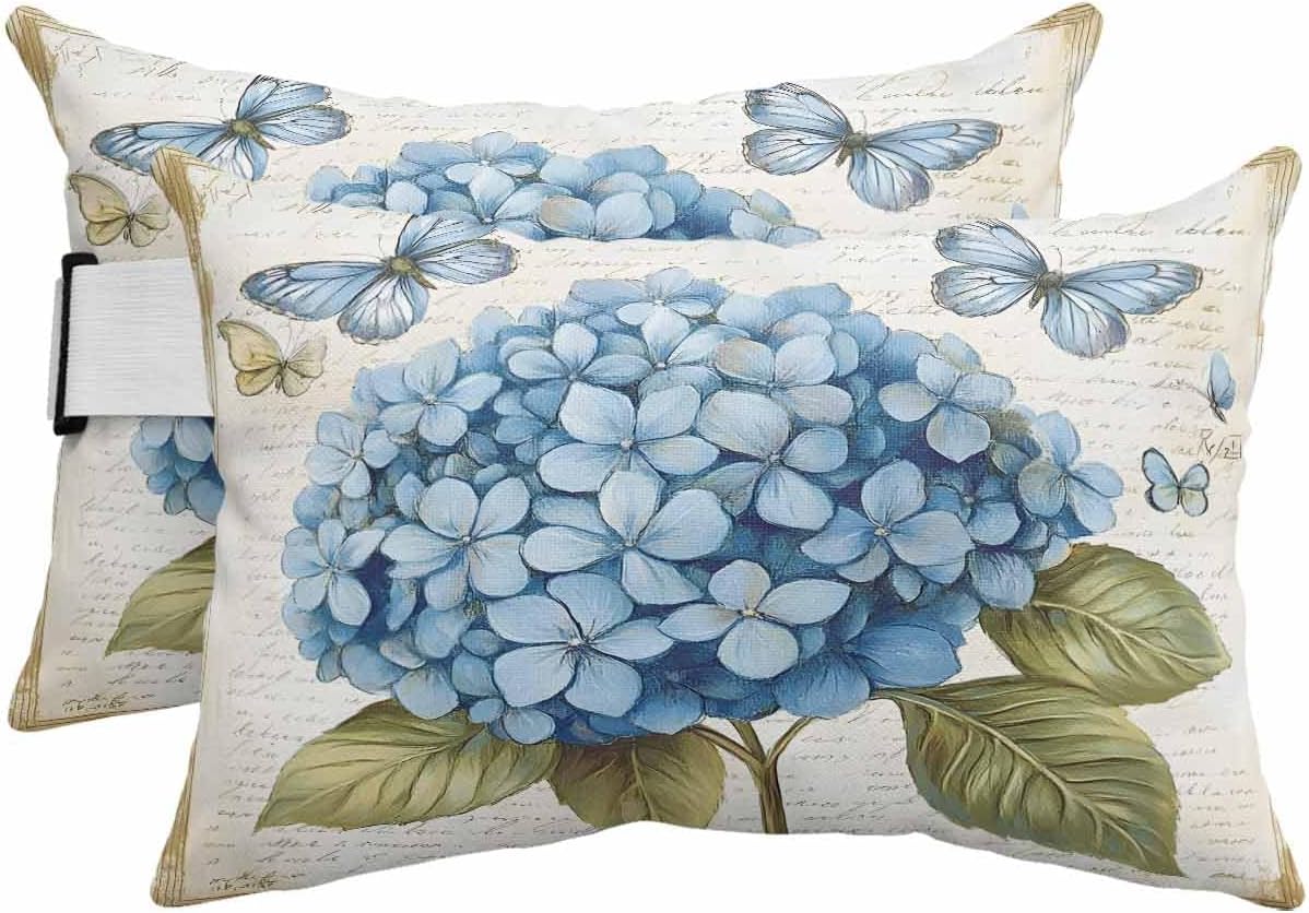 Pack of 2 Outdoor Lumbar Pillow Covers 11x16 Inch, Blue Hydrangea Waterproof Throw Pillow Covers Set, Spring Vintage Botanical Butterfly Indoor&Outdoor Decorative Cushion Cases for Patio Porch Beach