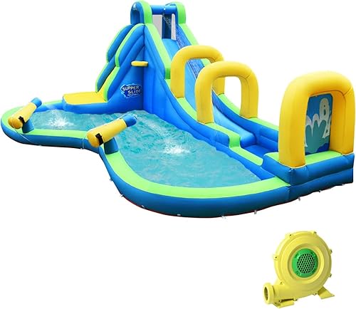 Miniatura 1 de HONEY JOY Toboganes de agua inflables, castillo infantil 5 en 1 con 2 cañones de agua y manguera, toboganes largos con arco, pared de escalada y
