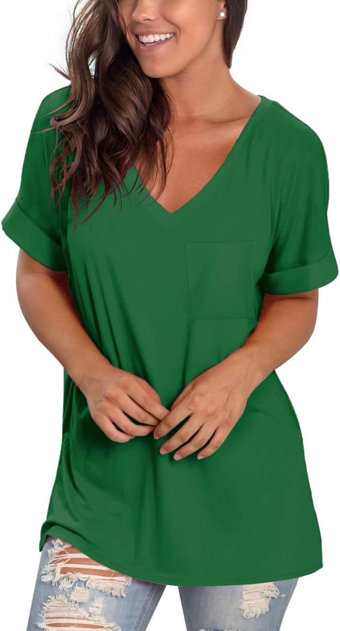 Womens Basic V Neck T Shirts Rolled Short Sleeve Summer Casual Tops with Pocket