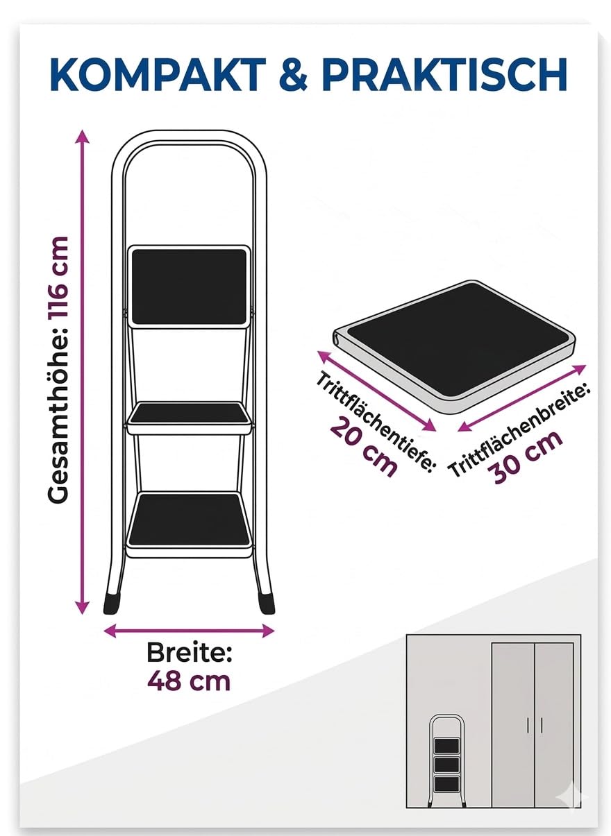 Escabeau pliable à 3 marches – échelle de ménage stable jusqu’à 150 kg, pliable, surfaces de marche antidérapantes, peu encombrante et sûre (Rouge-Noir)