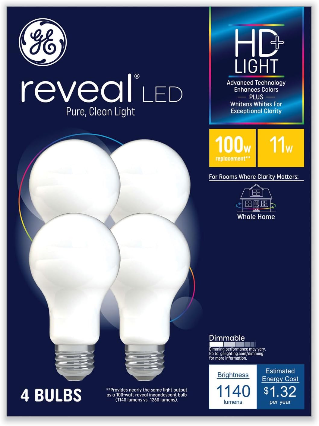 GE Reveal Hd+ Led A19 Light Bulb, 11 W, 4/Pack