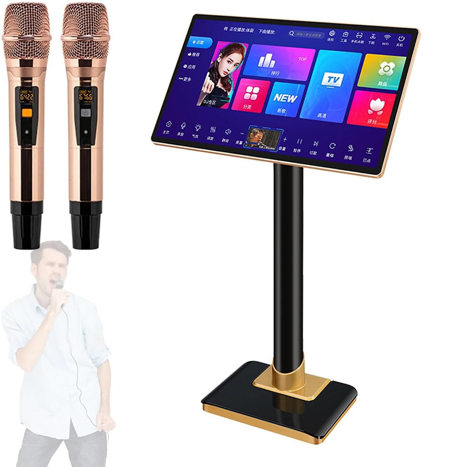 Macchina per karaoke con microfono wireless, touch screen da 21,5", download cloud, app YouTube, riproduzione di film e TV, spazio di archiviazione da 6 TB