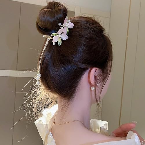 Miniatura 2 de Pinza para moño con borla de flores, hebilla de cola de caballo con borla, horquilla larga de cristal para cola de caballo con borla larga, pinzas