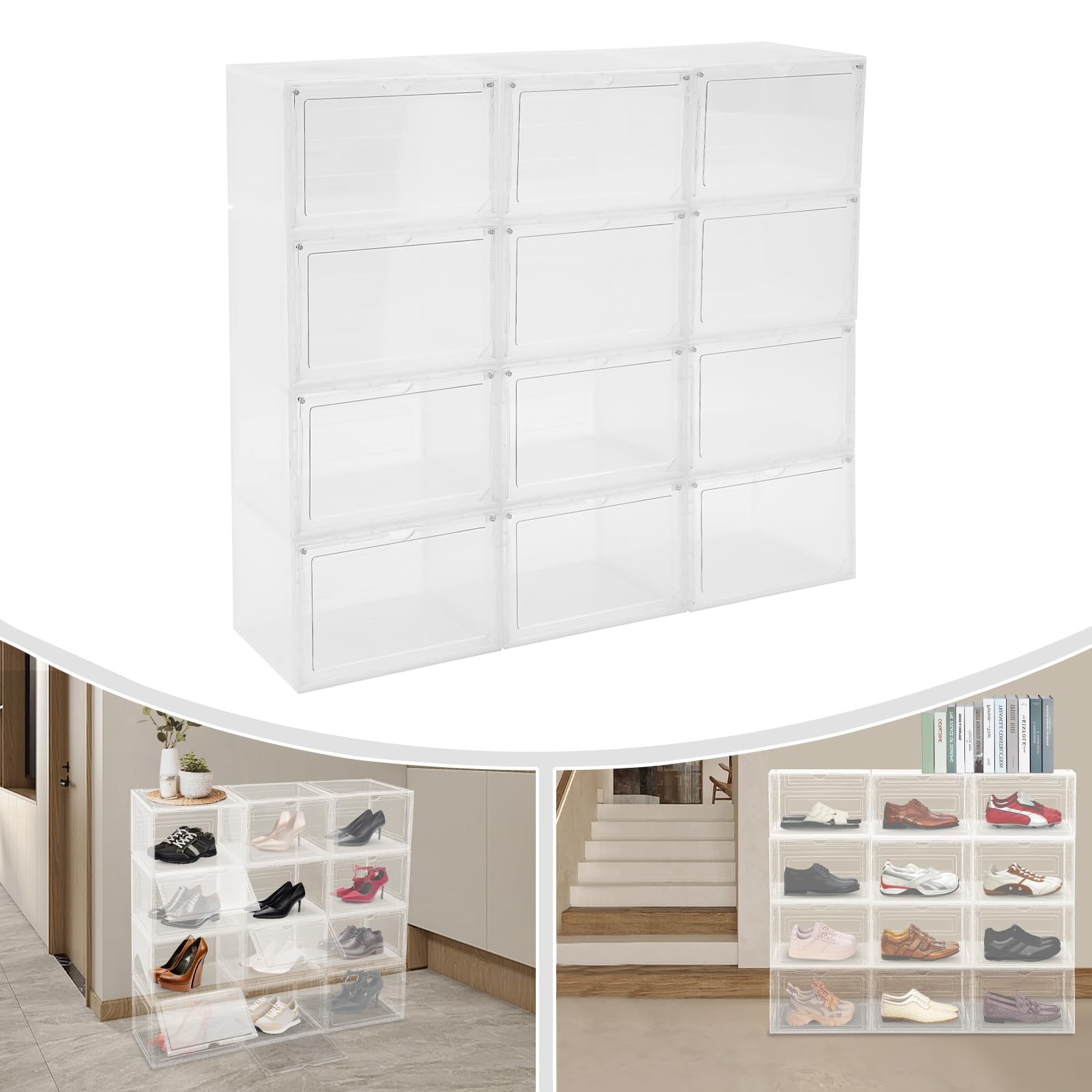 Juego de 12 cajas de zapatos apilables, transparentes, polipropileno y acrílico, ahorran espacio, fáciles de limpiar, ideales para zapatillas deportivas, zapatos, almacenamiento