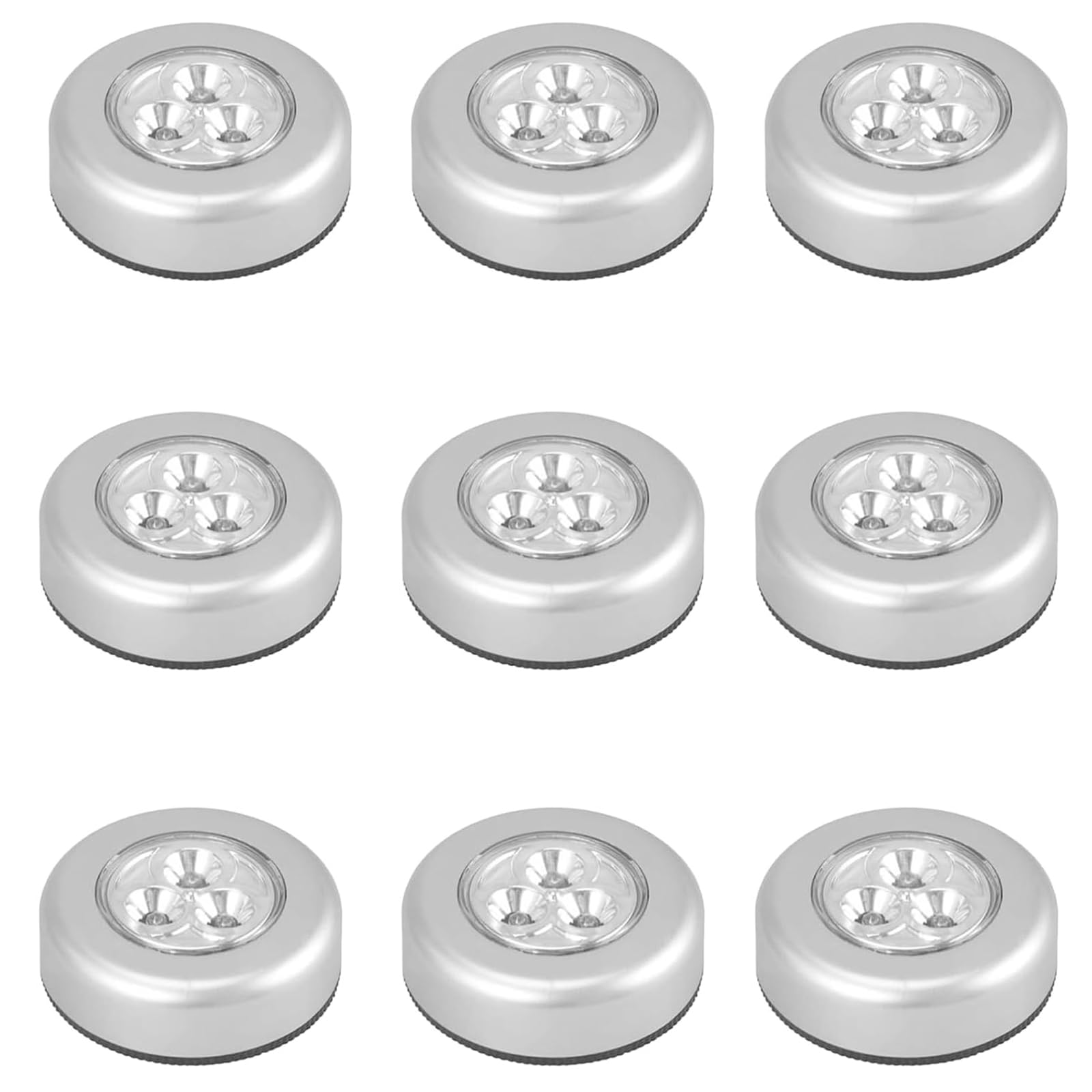 YgonziRuvc 9 Pcs Stick on Lights for Walls, Silver Casing ABS Material Battery Powered Push Lights Suitable for Kitchen Bedroom Stairs Cabinets Closets