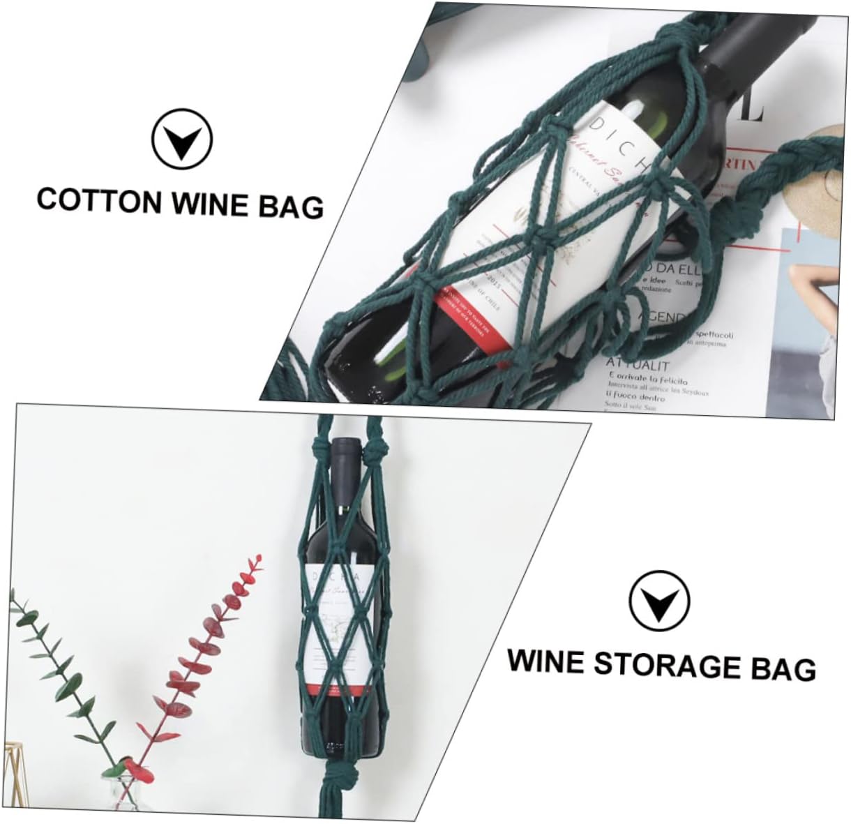 Cotton Wine Bottle Tote Bag with Reinforced Handle, Green