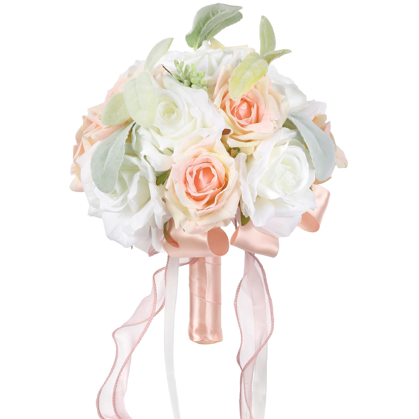 Photo 1 of ICBOX Wedding Bouquets for Bride Champagne White Rose Artificial Flowers Bridal Bouquet for Bride Fake Silk Flowers for Ceremony Anniversary Wedding (Champagne White)