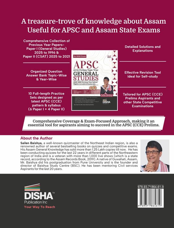 Image of Disha APSC (CCE) Prelims Topic-wise General Studies 2025 - 1996 Previous Year Solved Papers 1 & 2 with 10 Practice Sets 2nd Edition | Civil Services PYQs & Mock Tests for 2026 Exam
