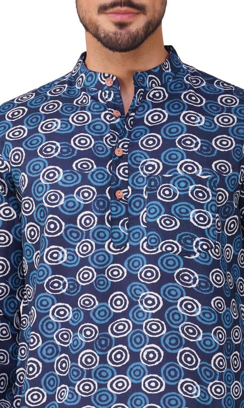 Image of Vastraa Fusion Men's Handloom Weaving Pure Cotton Short Kurta, Round Collar, Full Sleeves,Button Kurta, Ethnic Wear