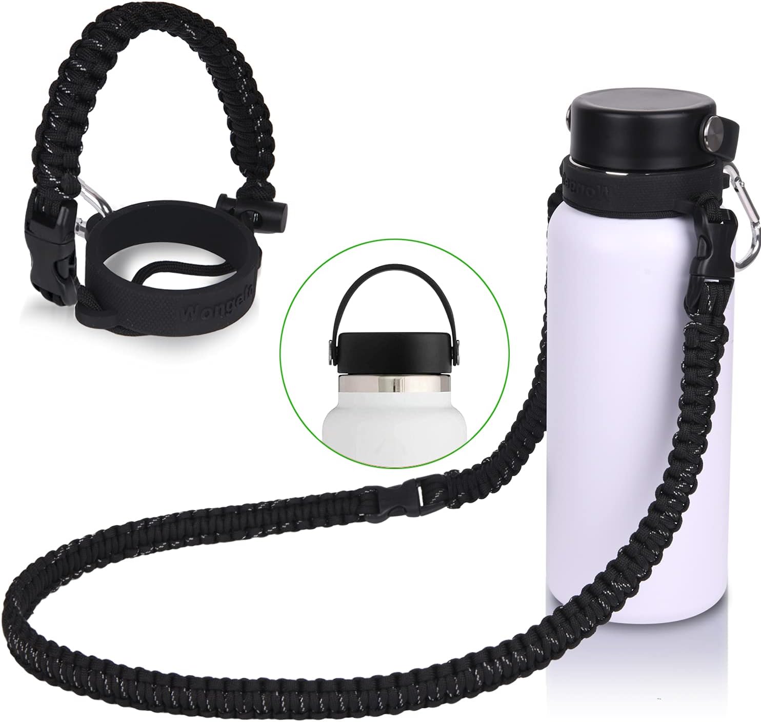 Wongeto 2.0 Paracord Handle with Shoulder Strap Compatible with Hydro Flask 2.0 Wide Mouth Water Bottle 12oz to 64oz-Water Bottle Strap Carrier for Gym School Running Walking Camping (Black)