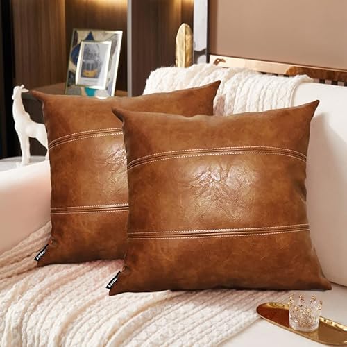 Vannaey Faux Leather Throw Pillow Covers, 18 X 18 Pillow Cases Cover, Set Of 2, Decorative Pillows Cover For Couch, Square Boho Accent Sofa Pillow Covers For Living Room, Bedroom (Brown) #TOP1