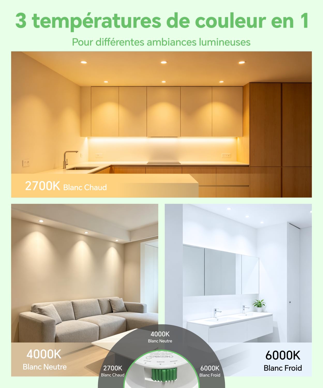 LED Einbaustrahler 230V Dimmbar Extra Flach, 3CCT 2700K/4000K/6000K, 3.5W 350LM LED Spots, IP44 für Badezimmer, Lochmaß 55-68mm, Ø78mm Einbauspots für Badezimmer Küche, 12er Set.