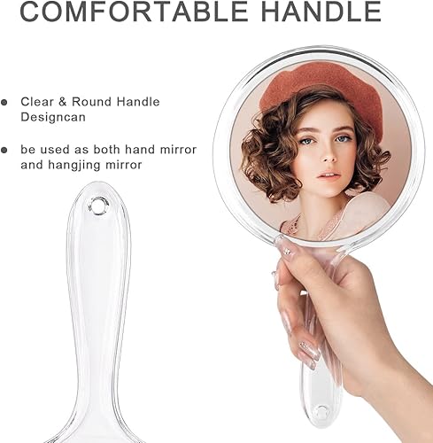 Miniatura 5 de Espejo de mano de maquillaje, doble cara 3 x 1 aumento, espejo de mano grande de viaje, espejo cosmético, espejo redondo con acabado acrílico