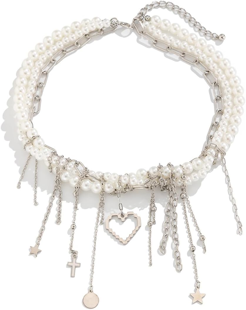 Layered Pearl Cross Pendant Necklace for Women,Hollow Out Heart Tassel Collarbone Choker,Beach Wedding Party Fashion Statement Jewelry Accessories - Image 7