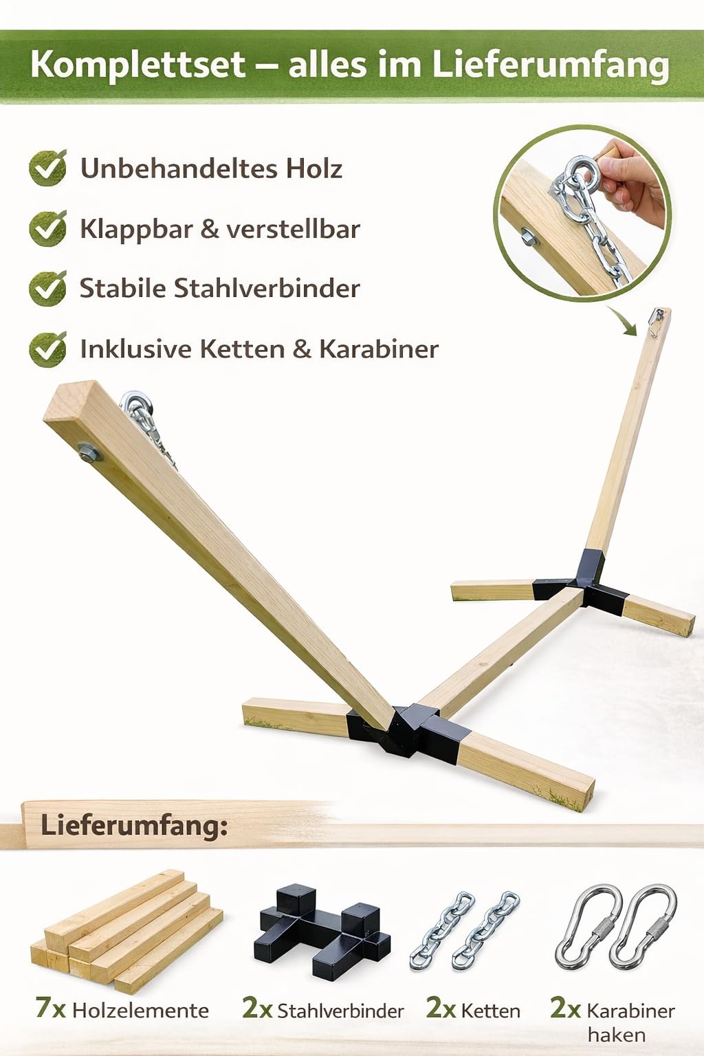 Struttura per amaca in legno, non trattata, pieghevole e regolabile, portata 150 kg, universale