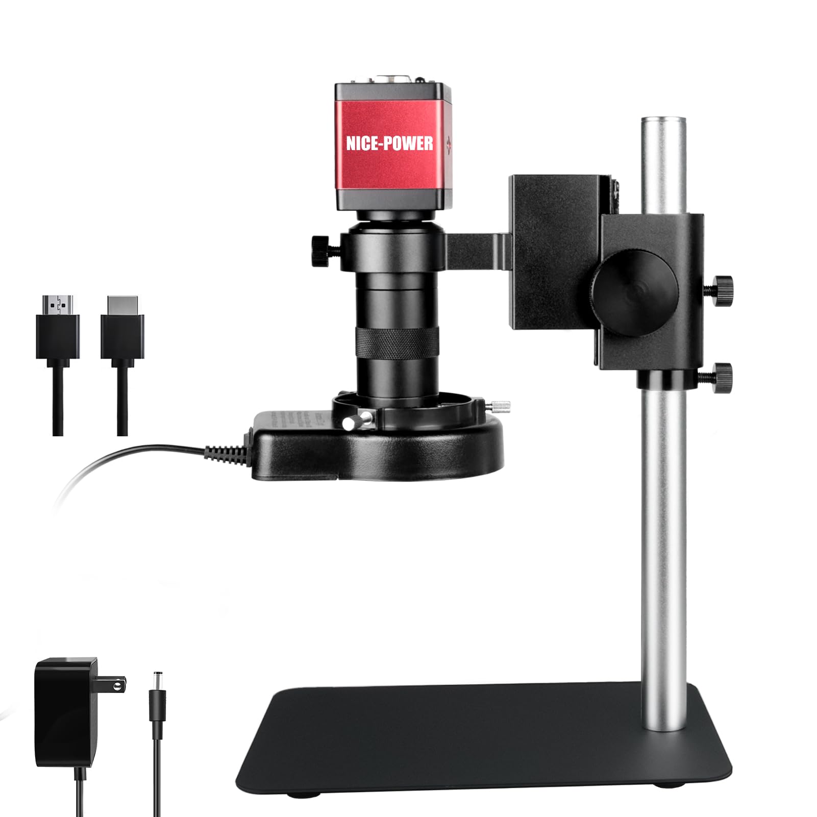 NICE-POWER Digitales Mikroskop, 13MP 1080P HDMI VGA Industrie Video Mikroskop Kamera, 130X Zoom C-Mount Objektiv, Faltbarer Ständer, LED-Ringlicht, Lötmikroskop (Rot)