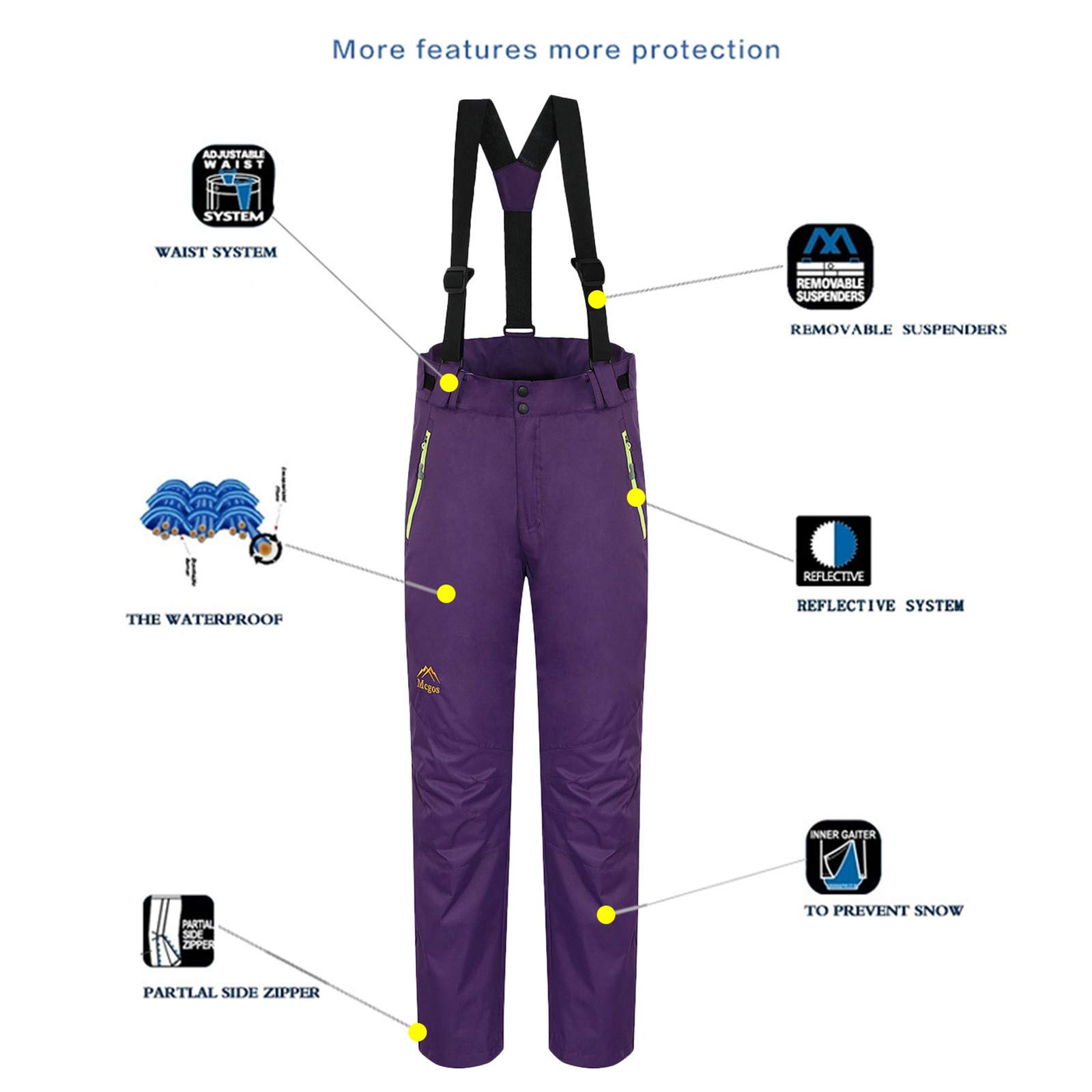 Tuta da sci isolata da donna, antivento, pantaloni da neve, unisex, impermeabili, con bretelle, pantaloni da sci leggeri con tasche con cerniera, caldi e comodi, gamba dritta, pantaloni invernali