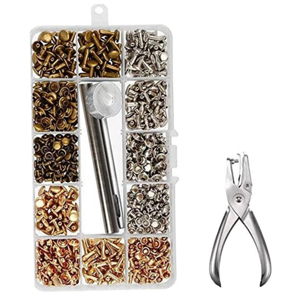 MILEVO Juego de botones y remaches de cuero, 300 unidades/juego de pernos de metal tubulares de doble tapa con alicates perforadores, remaches de cuero de 12 mm/8 mm/6 mm para ropa de bricolaje