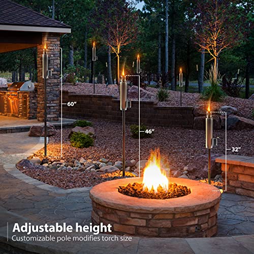 Matney Stainless Steel Torches for Outside - Outdoor Torches - Patio Garden & Yard Lights - 5 ft Oil Lamp for Citronella - Fiberglass Wick & Snuffer Cap - Set of 4 (Cone)