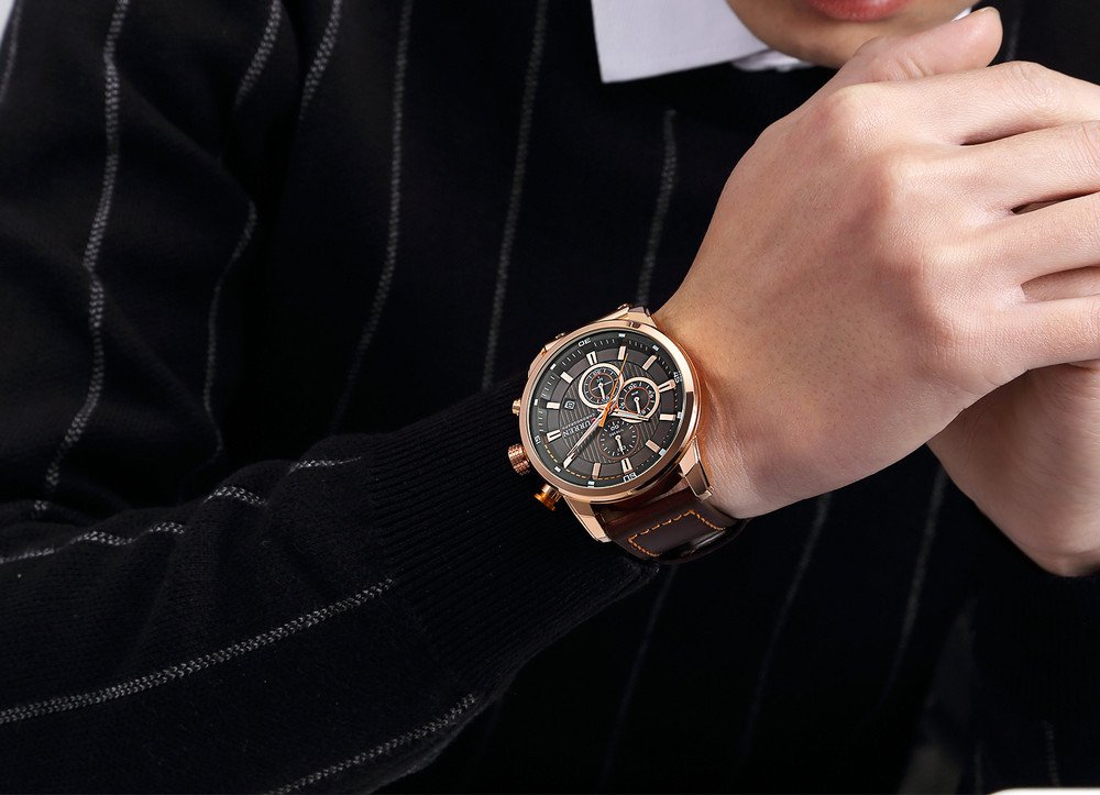 Men Chronograph Sport Watches Brown Leather Strap Quartz Watch Business Casual Wrist Watch for Men