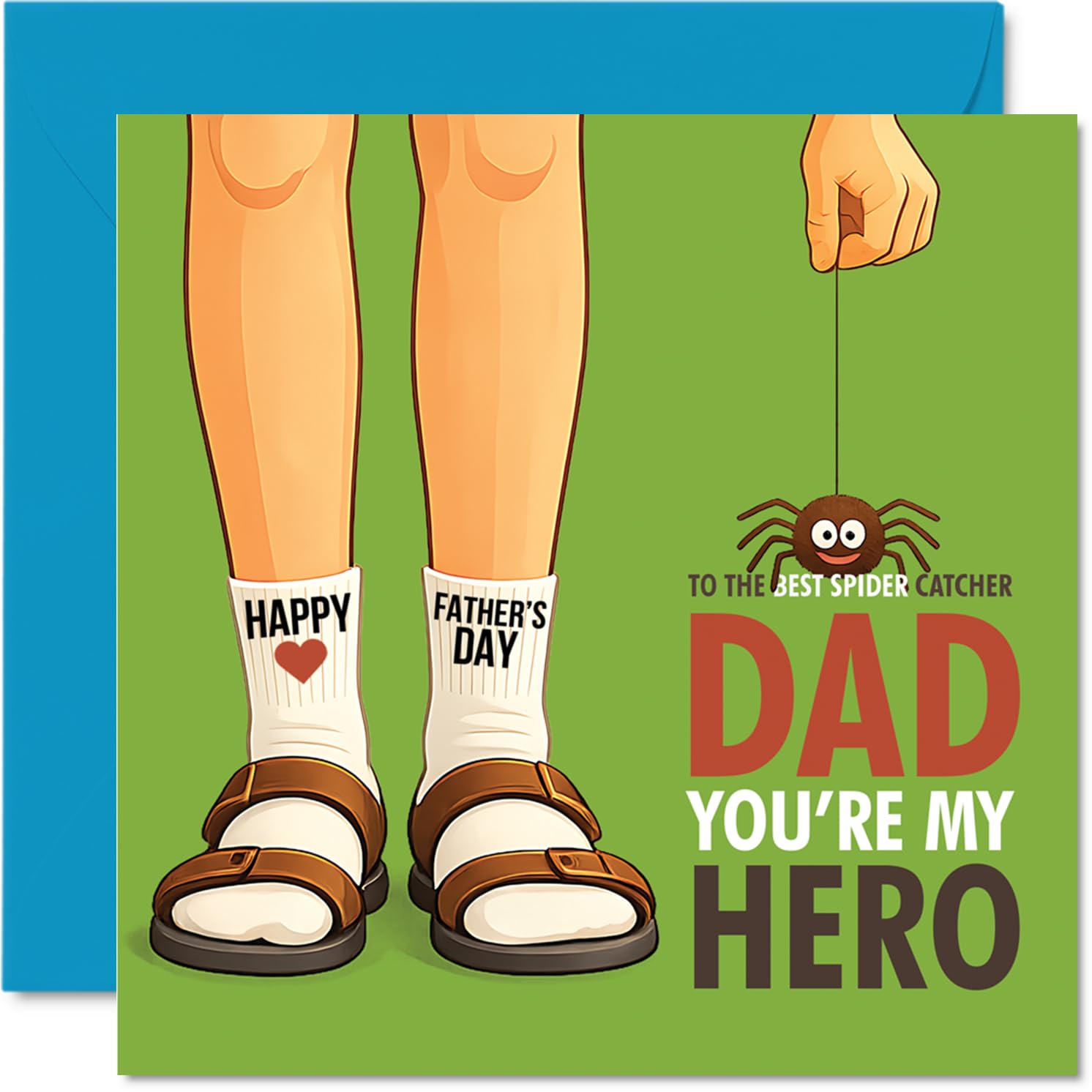 Funny Father's Day Card for Dad - Hero Status Unlocked - Playful Green Spider Motif with Bold Text - 145mm Square, Envelope Included