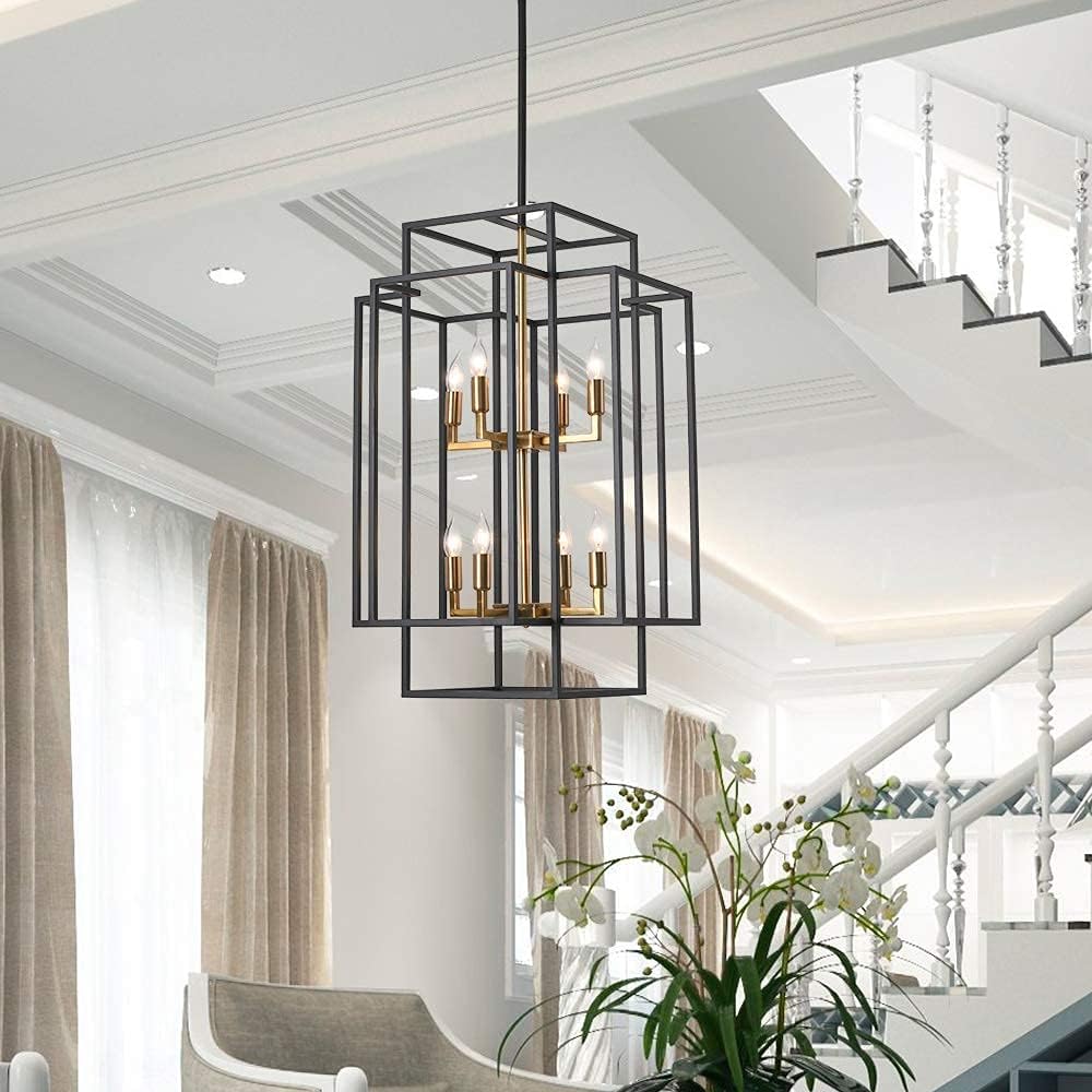 J&E Home 8-Light Lantern Tiered Pendant Light Fixtures,Island Light,Hall Foyer Hanging Chandelier,Wrought Iron Finish for Kitchen Island Farmhouse Entryway, Black+antique Brass