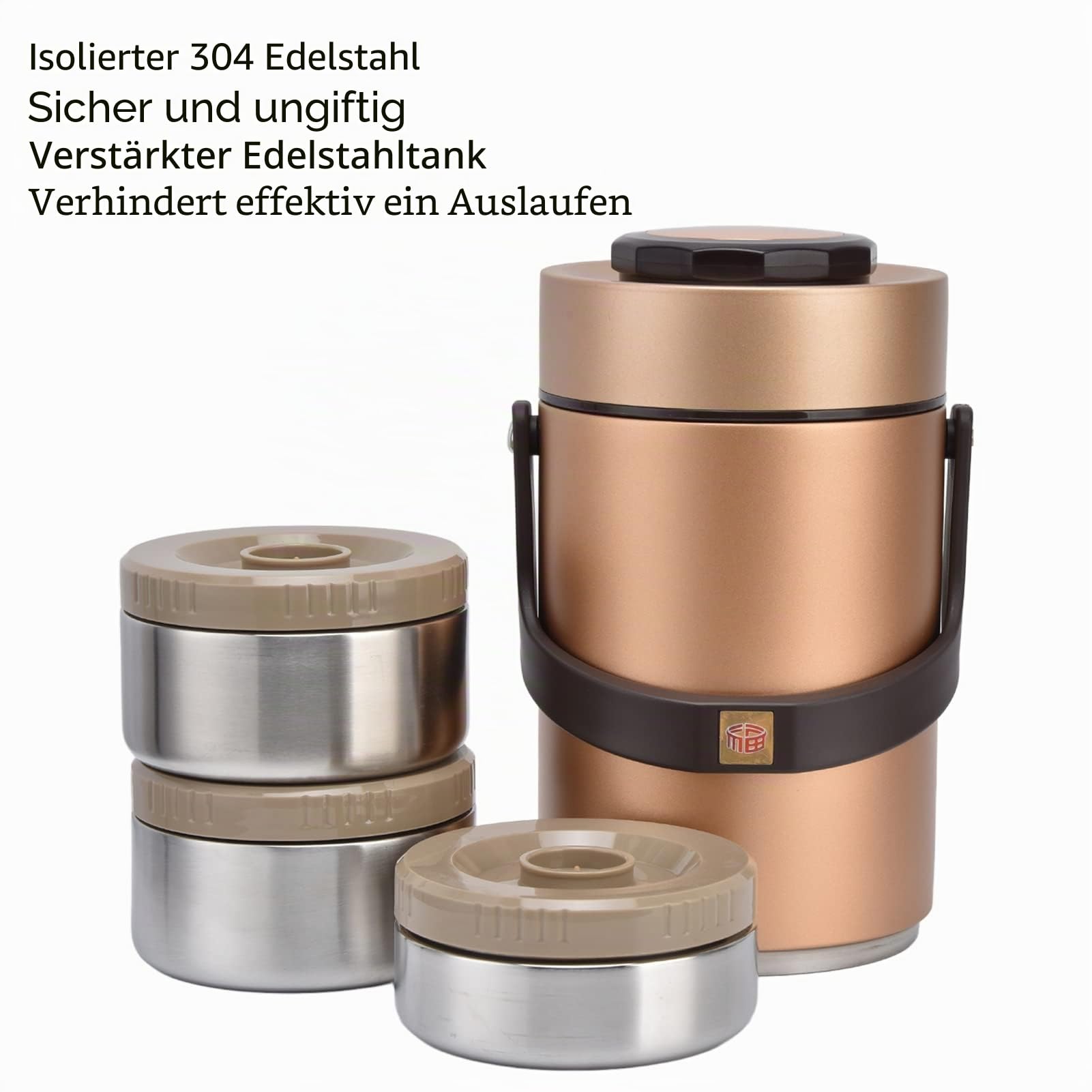 Plplaaoo Thermobehälter für Essen 2,3 L, 3-lagiger Vakuum Isolierter Lebensmittelbehälter 304 Edelstahl, Auslaufsicher Thermo Lunchbox Behälter mit Griff für Arbeit, Reisen & Picknick (Gold)