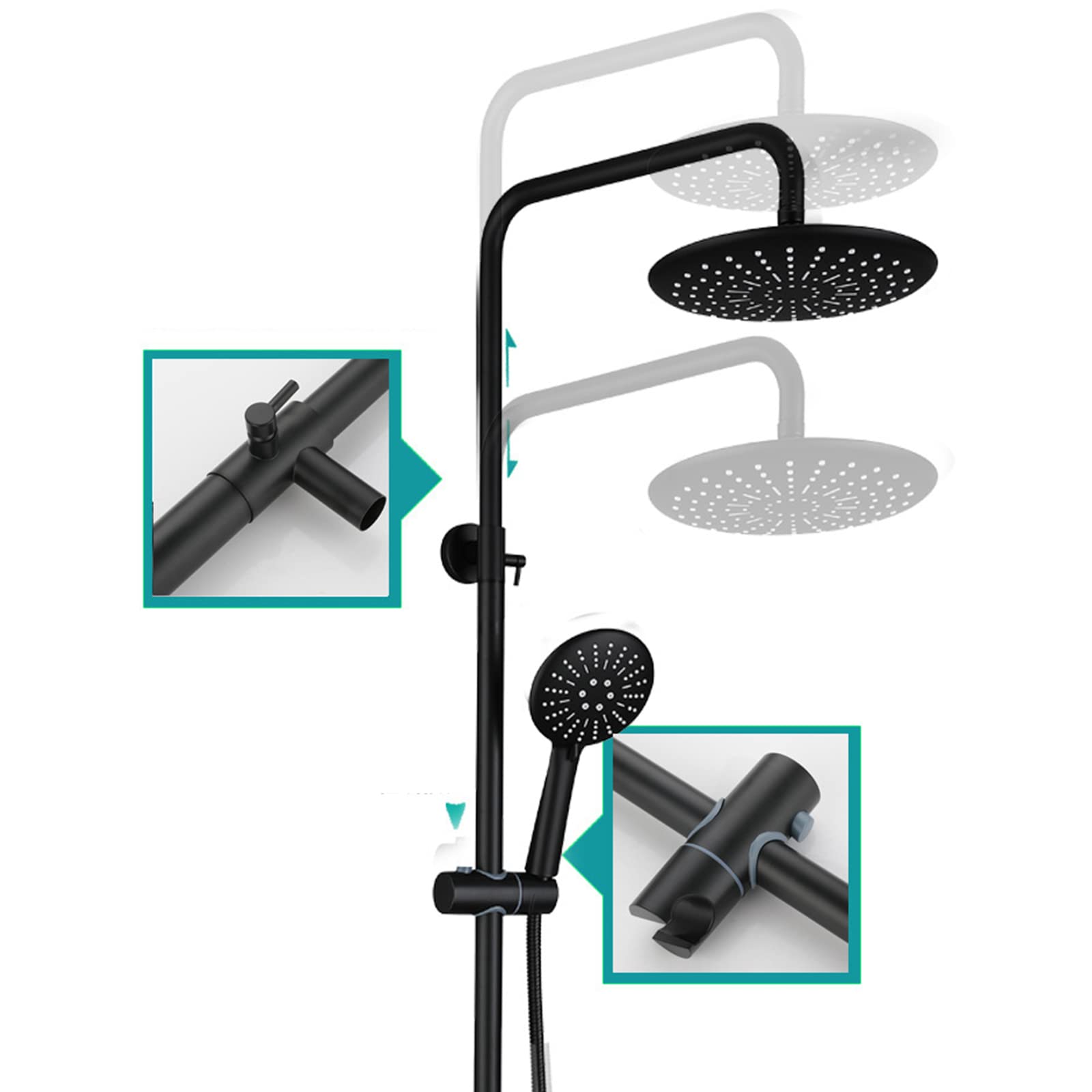 Sistema Doccia Nero con Bocca Vasca, Rubinetto Doccia in Acciaio Inox per Bagno, Set Doccia Regolabile in Altezza con Soffione Doccia A Pioggia E Doccia A Mano 3 modalità