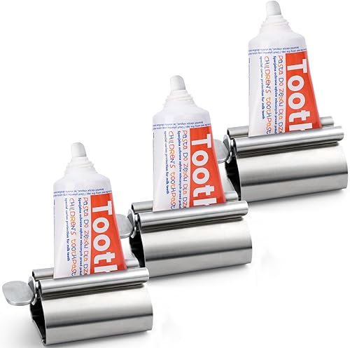 LOVEINUSA Rodillo de tubo exprimidor de pasta de dientes 3 piezas de acero inoxidable soporte para asiento giratorio para cremas ungüentos geles LOVEINUSA Rodillo de tubo exprimidor de pasta de dientes 3 piezas de acero inoxidable soporte para asiento giratorio para cremas ungüentos geles