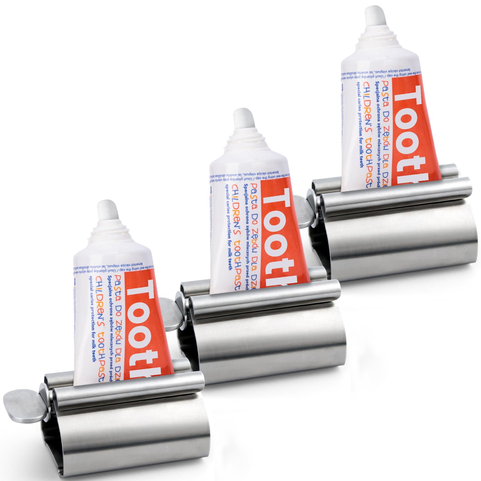 LOVEINUSA Toothpaste Tube Squeezer Dispenser, 3PCS Toothpaste Roller Squeezer Tool Metal Stainless Steel Tooth Paste Holder for Bathroom, Silver